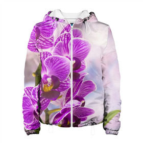 Женская куртка 3D с принтом Божественная орхидея в Белгороде, ткань верха — 100% полиэстер, подклад — флис | прямой крой, подол и капюшон оформлены резинкой с фиксаторами, два кармана без застежек по бокам, один большой потайной карман на груди. Карман на груди застегивается на липучку | 8 марта | букет | весна | красота | куст | лето | орхидея | подарок | сиреневый цвет | цветок | шикарный цветочек