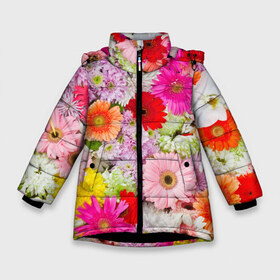 Зимняя куртка для девочек 3D с принтом Обилие цветов в Белгороде, ткань верха — 100% полиэстер; подклад — 100% полиэстер, утеплитель — 100% полиэстер. | длина ниже бедра, удлиненная спинка, воротник стойка и отстегивающийся капюшон. Есть боковые карманы с листочкой на кнопках, утяжки по низу изделия и внутренний карман на молнии. 

Предусмотрены светоотражающий принт на спинке, радужный светоотражающий элемент на пуллере молнии и на резинке для утяжки. | Тематика изображения на принте: 8 марта | букет | георгина | изобилие | красота | куст | лето | обилие | петунья | подснежник | полевые | разные цветы | роза | ромашка | тюльпан | хризантема | цветочек | цветы