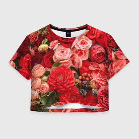 Женская футболка 3D укороченная с принтом Шикарный букет в Белгороде, 100% полиэстер | круглая горловина, длина футболки до линии талии, рукава с отворотами | 8 марта | блеск | гвоздики | красный | красота | невероятный | огромный букет | пёстрый | праздник | розы | роскошный | цветы | шикарный
