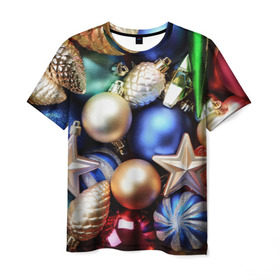 Мужская футболка 3D с принтом Игрушки на ёлку в Белгороде, 100% полиэфир | прямой крой, круглый вырез горловины, длина до линии бедер | новогодний | рождество | шарики