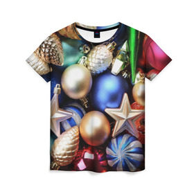 Женская футболка 3D с принтом Игрушки на ёлку в Белгороде, 100% полиэфир ( синтетическое хлопкоподобное полотно) | прямой крой, круглый вырез горловины, длина до линии бедер | новогодний | рождество | шарики