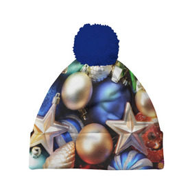 Шапка 3D c помпоном с принтом Игрушки на ёлку в Белгороде, 100% полиэстер | универсальный размер, печать по всей поверхности изделия | новогодний | рождество | шарики