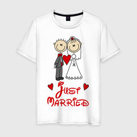 Мужская футболка хлопок с принтом Just married в Белгороде, 100% хлопок | прямой крой, круглый вырез горловины, длина до линии бедер, слегка спущенное плечо. | just married | женат | замужем | молодожены | свадьба