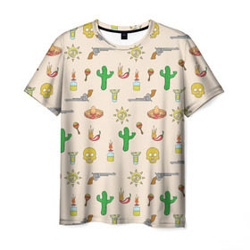 Мужская футболка 3D с принтом Мексиканский коллаж в Белгороде, 100% полиэфир | прямой крой, круглый вырез горловины, длина до линии бедер | кактус | коллад | мексика | револьвер | черепа | чили