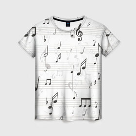 Женская футболка 3D с принтом ноты в Белгороде, 100% полиэфир ( синтетическое хлопкоподобное полотно) | прямой крой, круглый вырез горловины, длина до линии бедер | музыка | ноты | струны