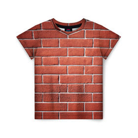Детская футболка 3D с принтом Красный кирпич в Белгороде, 100% гипоаллергенный полиэфир | прямой крой, круглый вырез горловины, длина до линии бедер, чуть спущенное плечо, ткань немного тянется | Тематика изображения на принте: бетон | камень | кирпич | мощь | стена | строительство | стройка | цемент