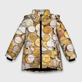 Зимняя куртка для девочек 3D с принтом Российские монетки в Белгороде, ткань верха — 100% полиэстер; подклад — 100% полиэстер, утеплитель — 100% полиэстер. | длина ниже бедра, удлиненная спинка, воротник стойка и отстегивающийся капюшон. Есть боковые карманы с листочкой на кнопках, утяжки по низу изделия и внутренний карман на молнии. 

Предусмотрены светоотражающий принт на спинке, радужный светоотражающий элемент на пуллере молнии и на резинке для утяжки. | Тематика изображения на принте: money | валюта | деньги | копейка | лавэ | мелочёвка | мелочь | монетки | монеты | россия | рубль | филки