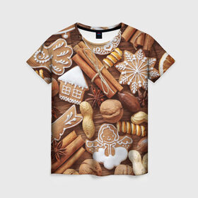 Женская футболка 3D с принтом Новогодние вкусняшки в Белгороде, 100% полиэфир ( синтетическое хлопкоподобное полотно) | прямой крой, круглый вырез горловины, длина до линии бедер | вкусняшки | конфеты | лакомство | леденцы | новый год | обжора | объедение | орешки | печенки | праздник | сладкоежка | сладости