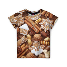 Детская футболка 3D с принтом Новогодние вкусняшки в Белгороде, 100% гипоаллергенный полиэфир | прямой крой, круглый вырез горловины, длина до линии бедер, чуть спущенное плечо, ткань немного тянется | Тематика изображения на принте: вкусняшки | конфеты | лакомство | леденцы | новый год | обжора | объедение | орешки | печенки | праздник | сладкоежка | сладости