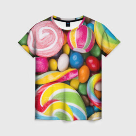 Женская футболка 3D с принтом Вкусняшки в Белгороде, 100% полиэфир ( синтетическое хлопкоподобное полотно) | прямой крой, круглый вырез горловины, длина до линии бедер | вкусняшки | драже | конфеты | лакомство | леденцы | мармелад | обжора | объедение | орешки | праздник | сладкоежка | сладости | шоколад