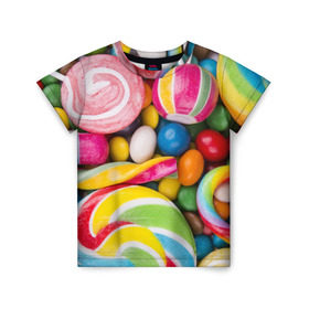 Детская футболка 3D с принтом Вкусняшки в Белгороде, 100% гипоаллергенный полиэфир | прямой крой, круглый вырез горловины, длина до линии бедер, чуть спущенное плечо, ткань немного тянется | вкусняшки | драже | конфеты | лакомство | леденцы | мармелад | обжора | объедение | орешки | праздник | сладкоежка | сладости | шоколад