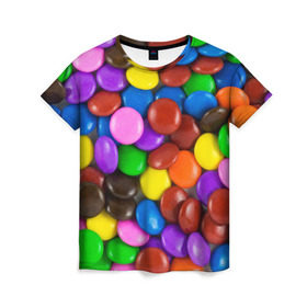 Женская футболка 3D с принтом Цветные конфетки в Белгороде, 100% полиэфир ( синтетическое хлопкоподобное полотно) | прямой крой, круглый вырез горловины, длина до линии бедер | вкусняшки | драже | конфеты | лакомство | сладости | шоколад