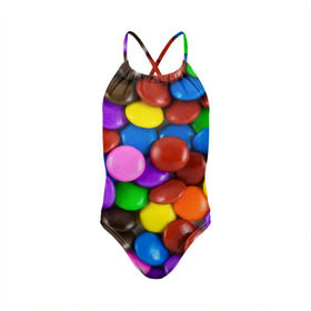Детский купальник 3D с принтом Цветные конфетки в Белгороде, Полиэстер 85%, Спандекс 15% | Слитный крой, подклад по переду изделия, узкие бретели | вкусняшки | драже | конфеты | лакомство | сладости | шоколад