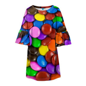 Детское платье 3D с принтом Цветные конфетки в Белгороде, 100% полиэстер | прямой силуэт, чуть расширенный к низу. Круглая горловина, на рукавах — воланы | Тематика изображения на принте: вкусняшки | драже | конфеты | лакомство | сладости | шоколад