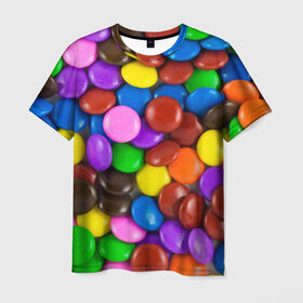 Мужская футболка 3D с принтом Цветные конфетки в Белгороде, 100% полиэфир | прямой крой, круглый вырез горловины, длина до линии бедер | вкусняшки | драже | конфеты | лакомство | сладости | шоколад