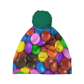 Шапка 3D c помпоном с принтом Цветные конфетки в Белгороде, 100% полиэстер | универсальный размер, печать по всей поверхности изделия | вкусняшки | драже | конфеты | лакомство | сладости | шоколад