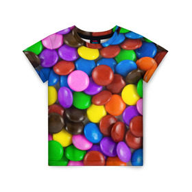 Детская футболка 3D с принтом Цветные конфетки в Белгороде, 100% гипоаллергенный полиэфир | прямой крой, круглый вырез горловины, длина до линии бедер, чуть спущенное плечо, ткань немного тянется | вкусняшки | драже | конфеты | лакомство | сладости | шоколад