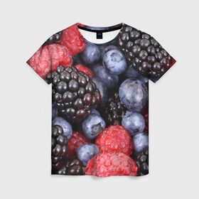 Женская футболка 3D с принтом Ягодки в Белгороде, 100% полиэфир ( синтетическое хлопкоподобное полотно) | прямой крой, круглый вырез горловины, длина до линии бедер | вкусно | голубика | дача | деревня | ежевика | клубника | малина | огород | полезно | сад | смородина | сок | фрукты | черника | ягоды