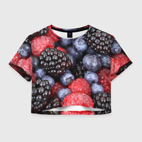 Женская футболка 3D укороченная с принтом Ягодки в Белгороде, 100% полиэстер | круглая горловина, длина футболки до линии талии, рукава с отворотами | вкусно | голубика | дача | деревня | ежевика | клубника | малина | огород | полезно | сад | смородина | сок | фрукты | черника | ягоды