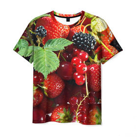 Мужская футболка 3D с принтом Любимые ягоды в Белгороде, 100% полиэфир | прямой крой, круглый вырез горловины, длина до линии бедер | Тематика изображения на принте: вкусно | голубика | дача | деревня | ежевика | зелень | клубника | малина | огород | полезно | сад | смородина | сок | фрукты | черника | шиповник | ягоды