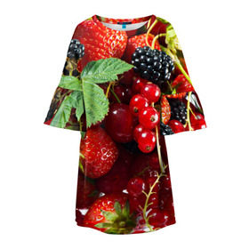 Детское платье 3D с принтом Любимые ягоды в Белгороде, 100% полиэстер | прямой силуэт, чуть расширенный к низу. Круглая горловина, на рукавах — воланы | Тематика изображения на принте: вкусно | голубика | дача | деревня | ежевика | зелень | клубника | малина | огород | полезно | сад | смородина | сок | фрукты | черника | шиповник | ягоды