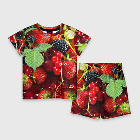 Детский костюм с шортами 3D с принтом Любимые ягоды в Белгороде,  |  | Тематика изображения на принте: вкусно | голубика | дача | деревня | ежевика | зелень | клубника | малина | огород | полезно | сад | смородина | сок | фрукты | черника | шиповник | ягоды