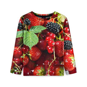 Детский лонгслив 3D с принтом Любимые ягоды в Белгороде, 100% полиэстер | длинные рукава, круглый вырез горловины, полуприлегающий силуэт
 | Тематика изображения на принте: вкусно | голубика | дача | деревня | ежевика | зелень | клубника | малина | огород | полезно | сад | смородина | сок | фрукты | черника | шиповник | ягоды