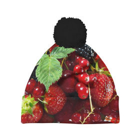 Шапка 3D c помпоном с принтом Любимые ягоды в Белгороде, 100% полиэстер | универсальный размер, печать по всей поверхности изделия | вкусно | голубика | дача | деревня | ежевика | зелень | клубника | малина | огород | полезно | сад | смородина | сок | фрукты | черника | шиповник | ягоды