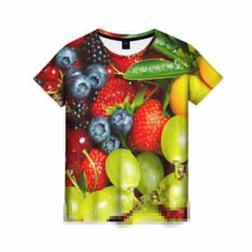 Женская футболка 3D с принтом Вкусные ягоды в Белгороде, 100% полиэфир ( синтетическое хлопкоподобное полотно) | прямой крой, круглый вырез горловины, длина до линии бедер | виноград | вкусно | голубика | дача | деревня | ежевика | клубника | малина | огород | полезно | рябина | сад | смородина | сок | фрукты | черника | ягоды