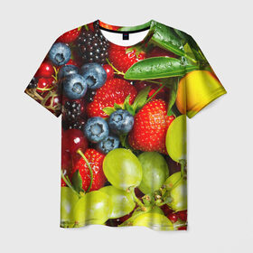 Мужская футболка 3D с принтом Вкусные ягоды в Белгороде, 100% полиэфир | прямой крой, круглый вырез горловины, длина до линии бедер | Тематика изображения на принте: виноград | вкусно | голубика | дача | деревня | ежевика | клубника | малина | огород | полезно | рябина | сад | смородина | сок | фрукты | черника | ягоды