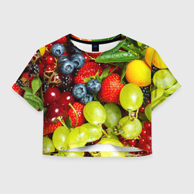 Женская футболка 3D укороченная с принтом Вкусные ягоды в Белгороде, 100% полиэстер | круглая горловина, длина футболки до линии талии, рукава с отворотами | виноград | вкусно | голубика | дача | деревня | ежевика | клубника | малина | огород | полезно | рябина | сад | смородина | сок | фрукты | черника | ягоды
