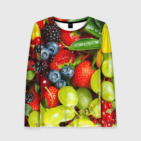 Женский лонгслив 3D с принтом Вкусные ягоды в Белгороде, 100% полиэстер | длинные рукава, круглый вырез горловины, полуприлегающий силуэт | виноград | вкусно | голубика | дача | деревня | ежевика | клубника | малина | огород | полезно | рябина | сад | смородина | сок | фрукты | черника | ягоды