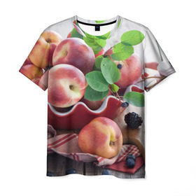 Мужская футболка 3D с принтом Персики в Белгороде, 100% полиэфир | прямой крой, круглый вырез горловины, длина до линии бедер | ваза | витамины | здоровье | лакомство | мёд | овощи | персики | сладости | тарелка | фрукты | черника | ягоды