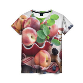 Женская футболка 3D с принтом Персики в Белгороде, 100% полиэфир ( синтетическое хлопкоподобное полотно) | прямой крой, круглый вырез горловины, длина до линии бедер | Тематика изображения на принте: ваза | витамины | здоровье | лакомство | мёд | овощи | персики | сладости | тарелка | фрукты | черника | ягоды