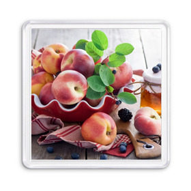 Магнит 55*55 с принтом Персики в Белгороде, Пластик | Размер: 65*65 мм; Размер печати: 55*55 мм | Тематика изображения на принте: ваза | витамины | здоровье | лакомство | мёд | овощи | персики | сладости | тарелка | фрукты | черника | ягоды