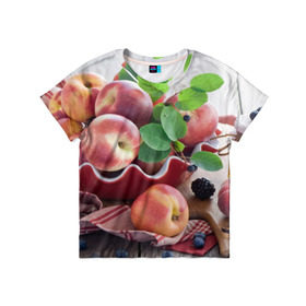 Детская футболка 3D с принтом Персики в Белгороде, 100% гипоаллергенный полиэфир | прямой крой, круглый вырез горловины, длина до линии бедер, чуть спущенное плечо, ткань немного тянется | ваза | витамины | здоровье | лакомство | мёд | овощи | персики | сладости | тарелка | фрукты | черника | ягоды
