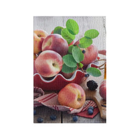 Обложка для паспорта матовая кожа с принтом Персики в Белгороде, натуральная матовая кожа | размер 19,3 х 13,7 см; прозрачные пластиковые крепления | ваза | витамины | здоровье | лакомство | мёд | овощи | персики | сладости | тарелка | фрукты | черника | ягоды