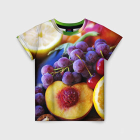 Детская футболка 3D с принтом Спелые фрукты в Белгороде, 100% гипоаллергенный полиэфир | прямой крой, круглый вырез горловины, длина до линии бедер, чуть спущенное плечо, ткань немного тянется | абрикос | алыча | апельсин | бодрость | веган | виноград | витамины | груша | диета | еда | здоровье | лайм | лимон | молодость | нектар | овощи | персик | питание | польза | сок | фрукты | яблоко | ягоды