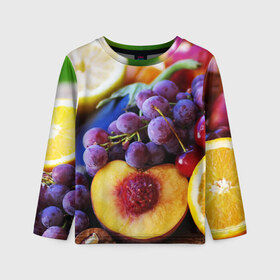 Детский лонгслив 3D с принтом Спелые фрукты в Белгороде, 100% полиэстер | длинные рукава, круглый вырез горловины, полуприлегающий силуэт
 | абрикос | алыча | апельсин | бодрость | веган | виноград | витамины | груша | диета | еда | здоровье | лайм | лимон | молодость | нектар | овощи | персик | питание | польза | сок | фрукты | яблоко | ягоды