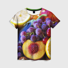 Женская футболка 3D с принтом Спелые фрукты в Белгороде, 100% полиэфир ( синтетическое хлопкоподобное полотно) | прямой крой, круглый вырез горловины, длина до линии бедер | абрикос | алыча | апельсин | бодрость | веган | виноград | витамины | груша | диета | еда | здоровье | лайм | лимон | молодость | нектар | овощи | персик | питание | польза | сок | фрукты | яблоко | ягоды