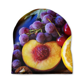 Шапка 3D с принтом Спелые фрукты в Белгороде, 100% полиэстер | универсальный размер, печать по всей поверхности изделия | абрикос | алыча | апельсин | бодрость | веган | виноград | витамины | груша | диета | еда | здоровье | лайм | лимон | молодость | нектар | овощи | персик | питание | польза | сок | фрукты | яблоко | ягоды