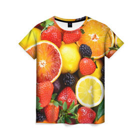 Женская футболка 3D с принтом Ягоды и фрукты в Белгороде, 100% полиэфир ( синтетическое хлопкоподобное полотно) | прямой крой, круглый вырез горловины, длина до линии бедер | абрикос | алыча | апельсин | бодрость | веган | виноград | витамины | груша | диета | еда | здоровье | клубника | лайм | лимон | малина | молодость | нектар | овощи | персик | питание | польза | смородина