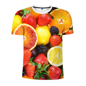 Мужская футболка 3D спортивная с принтом Ягоды и фрукты в Белгороде, 100% полиэстер с улучшенными характеристиками | приталенный силуэт, круглая горловина, широкие плечи, сужается к линии бедра | абрикос | алыча | апельсин | бодрость | веган | виноград | витамины | груша | диета | еда | здоровье | клубника | лайм | лимон | малина | молодость | нектар | овощи | персик | питание | польза | смородина