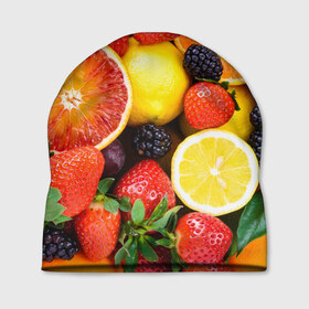 Шапка 3D с принтом Ягоды и фрукты в Белгороде, 100% полиэстер | универсальный размер, печать по всей поверхности изделия | абрикос | алыча | апельсин | бодрость | веган | виноград | витамины | груша | диета | еда | здоровье | клубника | лайм | лимон | малина | молодость | нектар | овощи | персик | питание | польза | смородина
