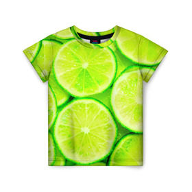 Детская футболка 3D с принтом Лайм в Белгороде, 100% гипоаллергенный полиэфир | прямой крой, круглый вырез горловины, длина до линии бедер, чуть спущенное плечо, ткань немного тянется | Тематика изображения на принте: зеленая | лайм | фрукты | цитрус