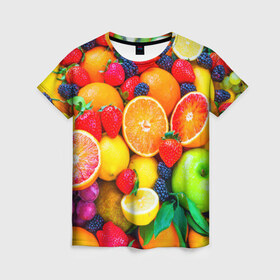 Женская футболка 3D с принтом Ягоды и фрукты в Белгороде, 100% полиэфир ( синтетическое хлопкоподобное полотно) | прямой крой, круглый вырез горловины, длина до линии бедер | апельсин | ежевика | клубника | фрукты | ягода
