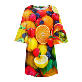 Детское платье 3D с принтом Ягоды и фрукты в Белгороде, 100% полиэстер | прямой силуэт, чуть расширенный к низу. Круглая горловина, на рукавах — воланы | Тематика изображения на принте: апельсин | ежевика | клубника | фрукты | ягода