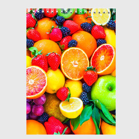 Скетчбук с принтом Ягоды и фрукты в Белгороде, 100% бумага
 | 48 листов, плотность листов — 100 г/м2, плотность картонной обложки — 250 г/м2. Листы скреплены сверху удобной пружинной спиралью | апельсин | ежевика | клубника | фрукты | ягода