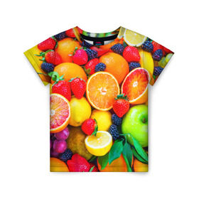 Детская футболка 3D с принтом Ягоды и фрукты в Белгороде, 100% гипоаллергенный полиэфир | прямой крой, круглый вырез горловины, длина до линии бедер, чуть спущенное плечо, ткань немного тянется | апельсин | ежевика | клубника | фрукты | ягода