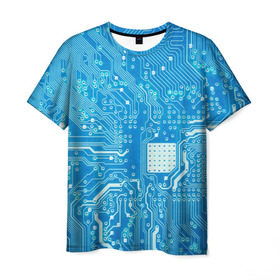 Мужская футболка 3D с принтом Системная плата в Белгороде, 100% полиэфир | прямой крой, круглый вырез горловины, длина до линии бедер | Тематика изображения на принте: кибер | микросхема | синий